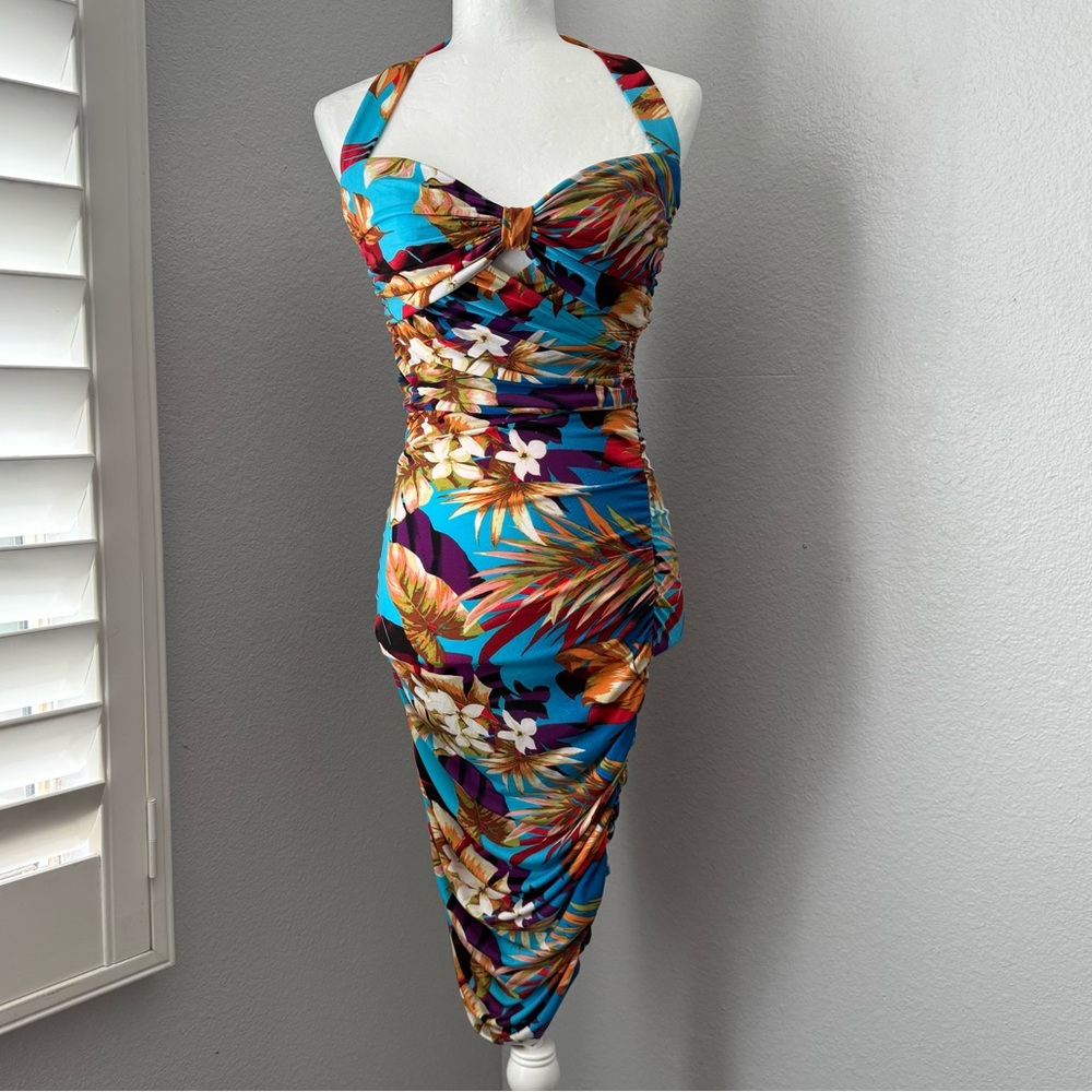Boston Proper Bodycon Tropical Floral Travel Halter Dress Size 6 NWOT Vacation